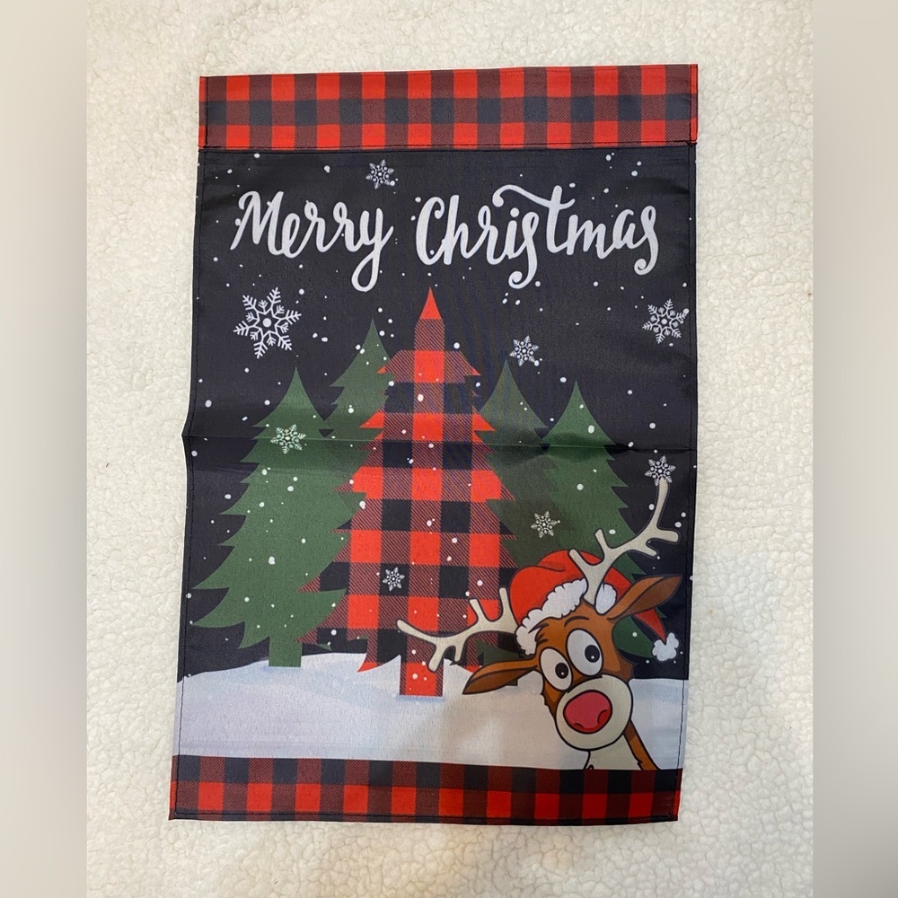 Festive Christmas Garden Flag with Reindeer - Red and Black Plaid 12 x18